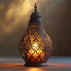 Poster - Elegant Arabic lantern featuring intricate patterns and a flickering candle set against a simple muted background that enhances the warm glow symbolizing the spirit of Ramadan