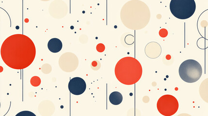 Poster - A repeating pattern with red geometric shapes, inspired by the 1970s. It features circles, dots, and simple lines in beige and blue, perfect for business presentations or printing.