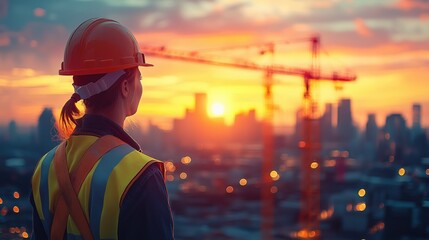 Construction Worker at Sunset Over City Skyline. Construction worker in safety gear admires a vibrant sunset over a city skyline, with construction cranes silhouetted against the horizon.