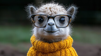 Wall Mural - A cute alpaca wearing glasses and a knitted yellow sweater poses playfully in a natural setting