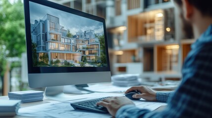Poster - Architectural Design on Computer Screen. Person analyzes modern architectural designs on computer screen in professional workspace, showcasing the intersection of technology and building development.