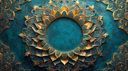 Fototapete - Elegant Eid festival Ramadan banner displaying a beautiful mandala design in shades of teal and gold with intricate patterns surrounding an empty space for text in the center