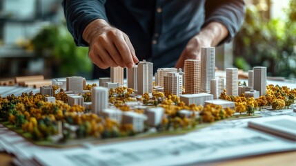 Poster - urban planning with model buildings and landscape design. close-up of designer assembling detailed a