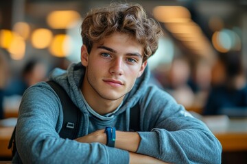 Canvas Print - Young man with a blue shirt and a backpack is sitting in a chair. He is wearing a wristwatch and a wristband. Thoughtful student looking for solution and having many questions