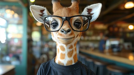 Wall Mural - A cute giraffe wearing glasses and a black t-shirt smiles in a cozy café setting, enhancing the playful atmosphere during daytime