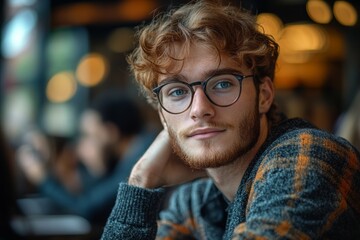 Canvas Print - Young man with a blue shirt and a backpack is sitting in a chair. He is wearing a wristwatch and a wristband. Thoughtful student looking for solution and having many questions