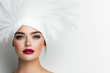 Wall Mural - Woman with a flower headpiece and red lipstick. She has a very pretty and elegant look. white background, white party