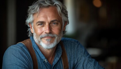 Wall Mural - Man with a beard and white hair is smiling. He is wearing a blue shirt with orange and yellow plaid.