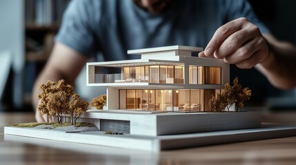 Poster - modern architectural model in progress. person carefully adjusts a modern architectural model showca