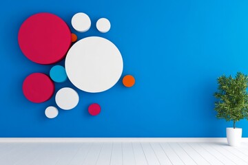 Poster - Blue wall with a white circle in the middle and a green plant in a white pot. The wall is decorated with many different colored circles