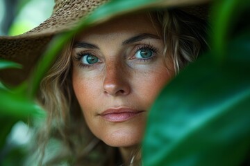 Wall Mural - Woman with green eyes and red hair is wearing a straw hat. She is looking directly at the camera. Woman portrait adult plant