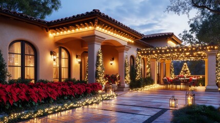 Poster - A charming home with twinkling lights, festive garlands, and poinsettias creates a warm holiday atmosphere at twilight, featuring a beautifully decorated outdoor Christmas tree.