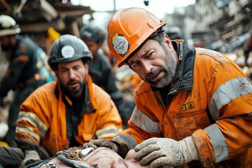 Man in an orange vest is being helped by two other men. The man in the orange vest is wearing a hard hat. Workers administer first aid to an injured colleague who is in pain on a construction site