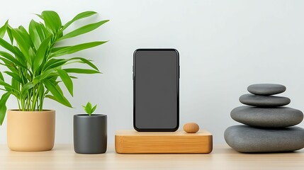 Canvas Print - modern minimalistic workspace featuring smartphone and decorative plants for a fresh aesthetic vibe