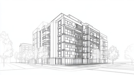 Poster - A single line drawing of a city building, showing its construction. It's a simple design for an urban apartment building, perfect for a city concept.continuous single one line art concept.