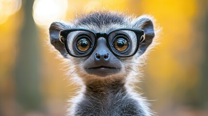 Poster - A curious lemur wearing glasses gazes thoughtfully at the camera in a vibrant autumn forest during the golden hour