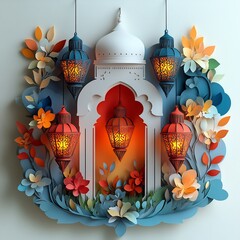 Poster - Elegant paper cut style design with layered lanterns in vibrant shades accented by subtle geometric patterns on a light background leaving room for text in the center