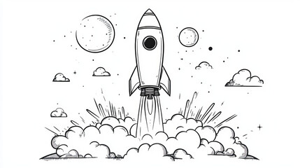 Poster - A simple, black and white drawing of a rocket taking off. This sketch shows a creative idea for a spaceship, highlighting the technology behind space travel.continuous single one line art concept.