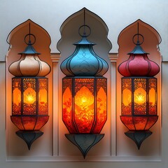 Poster - Elegant paper cut style design with layered lanterns in vibrant shades accented by subtle geometric patterns on a light background leaving room for text in the center
