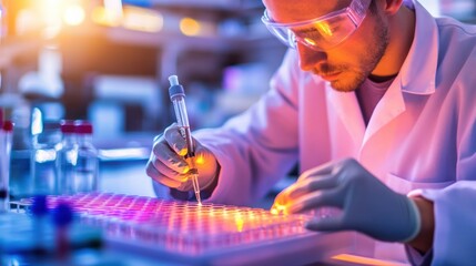 Poster - Scientist in Lab Coat Using Pipette and Multi-Well Plate