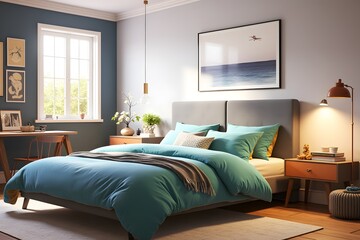 Wall Mural - Modern Bedroom Interior Design with Teal Bedding and Wooden Floor