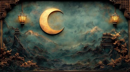 Poster - Elegant paper cut style illustration of a crescent moon and lanterns framed by intricate borders in rich gold and green hues providing ample space for text on the left side