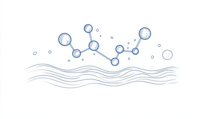 Poster - A simple drawing of a water molecule, showing its shape and the chemical formula H2O. It represents the science behind water, nature, and technology.continuous single one line art concept.