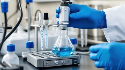 Poster - Scientist in Blue Gloves Holding a Flask with Blue Liquid Over a Magnetic Stirrer