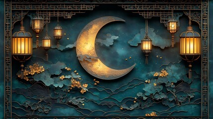 Fototapete - Elegant paper cut style illustration of a crescent moon and lanterns framed by intricate borders in rich gold and green hues providing ample space for text on the left side