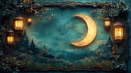 Poster - Elegant paper cut style illustration of a crescent moon and lanterns framed by intricate borders in rich gold and green hues providing ample space for text on the left side