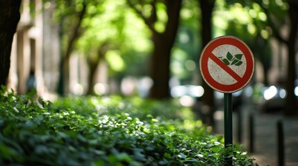 A no-planting sign in a green park area with trees and shrubs.