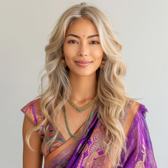 Portrait of an elegant woman with honey blonde hair wearing a colorful sari, showcasing traditional Asian beauty and cultural attire.