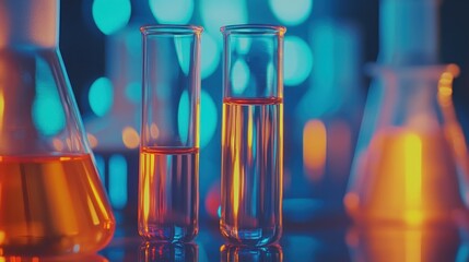 Poster - Glass Flasks and Test Tubes with Colored Liquids in a Laboratory Setting