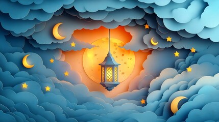 Poster - Elegant paper cut style illustration of a central lantern surrounded by swirling stars and crescent moons in soothing pastels with space for text on the left