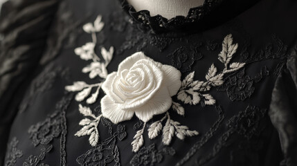 Wall Mural - A single white rose is embroidered on a black fabric, creating a beautiful, vintage-inspired neckline. The detailed stitching and floral design evoke a Victorian style.