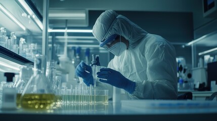Poster - A Scientist in a Protective Suit Works in a Laboratory