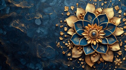 Poster - Elegant Ramadan Kareem greeting card design showcasing delicate mandala art in gold and deep blue tones set against a soft background with subtle floral motifs to enhance the festive feel