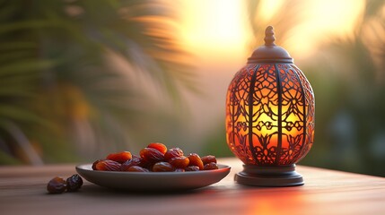 Poster - Elegant Ramadan scene featuring a vibrant oriental colored lantern glowing softly with a plate of dates placed beside it all set against a minimalistic light solid background for a serene look
