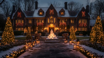 Poster - A grand mansion stands adorned with vibrant holiday decorations and twinkling lights. Lanterns line the path, enhancing the cozy winter ambiance as snow gently blankets the landscape.