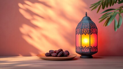 Poster - Elegant Ramadan scene featuring a vibrant oriental colored lantern glowing softly with a plate of dates placed beside it all set against a minimalistic light solid background for a serene look