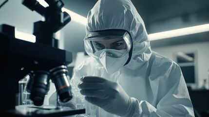 Poster - Close-up of a Scientist in a Hazmat Suit Working with a Microscope and Test Tubes in a Laboratory