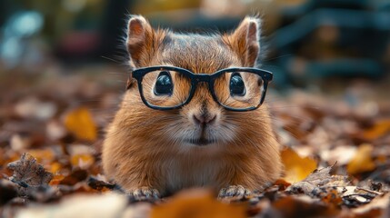 Poster - A curious squirrel wearing glasses sits among autumn leaves in a park, highlighting its playful nature and inquisitive behavior