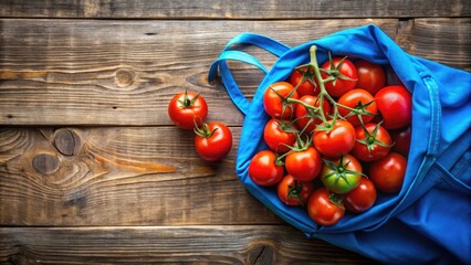 Fresh Tomatoes in a Blue Eco Bag on Wooden Background - Vibrant Bokeh Effect, Organic Produce, Rustic Charm, Eco-Friendly Shopping, Healthy Lifestyle, Farm Fresh Ingredients