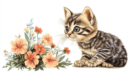 a cute brown and gray striped cat with big eyes looks at a flower arrangement. this design is perfec