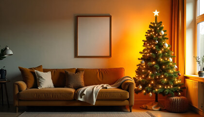 Wall Mural - mockup blank white frame, written space, living room, tree christmas, sofa brown