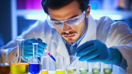Poster - A scientist in a lab coat, wearing safety goggles and gloves, is carefully using a pipette to transfer a blue liquid into a beaker.
