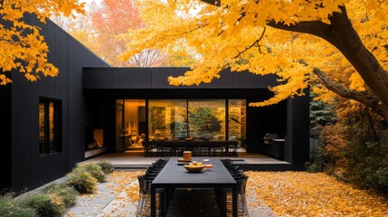 A modern patio with a black dining table and chairs is covered in fallen yellow leaves.