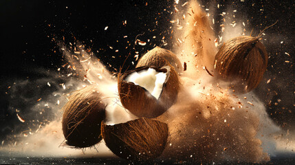 Wall Mural - Close-up of a pile of coconuts falling on the table and flying in different directions. An exotic snack. A vegan diet. The concept of chaos and destruction