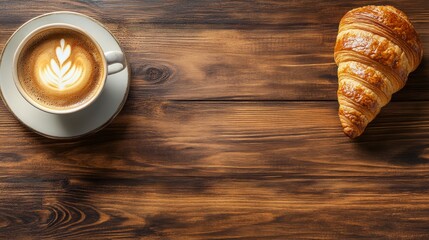 Hot coffee latte with croissant on a wood desk, top view. As breakfast in a coffee shop, vintage style.