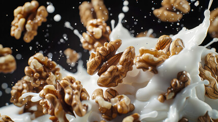 A group of peeled walnuts floats in natural milk. Walnuts are scattered over the milk, creating a sense of movement and chaos. The image conveys a sense of playfulness and whimsicality